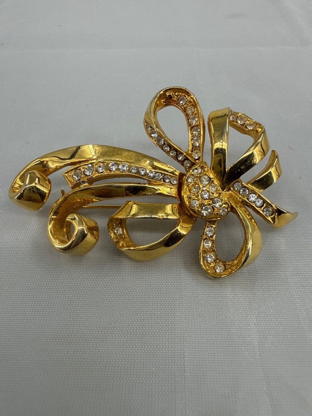 Vintage Gold Ribbon Bow Brooch Rhinestone Coquette Statement Pin